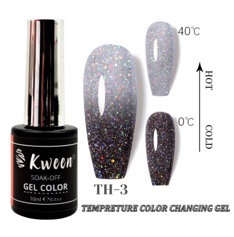 KWEEN 10ml Thermal Nail Polish Black Shiny Glitter Varnish UV Soak Off Temperature Color Changing Gel Polish For Manicure