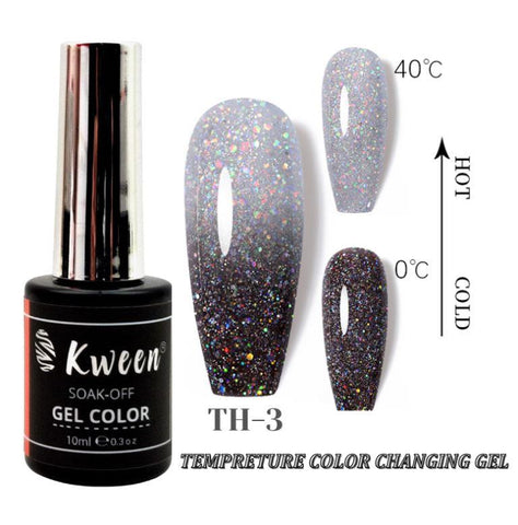 KWEEN 10ml Thermal Nail Polish Black Shiny Glitter Varnish UV Soak Off Temperature Color Changing Gel Polish For Manicure