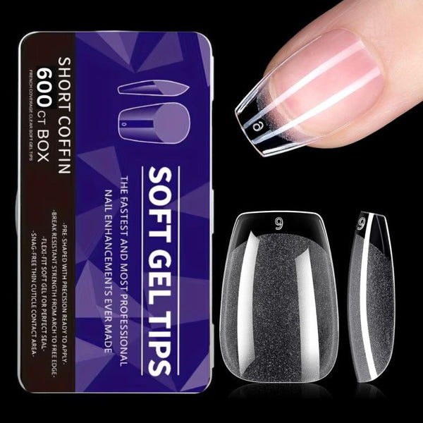 600pcs Short Coffin Soft Gel Nail Tips – Clear Durable Nail Extensions