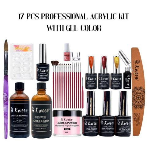 KWEEN 17 Pcs Acrylic Kit Professional For Salon with Gel Color