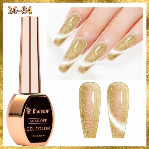 KWEEN Cat Eye Gold Glittery Magnetic Nail Polish Sparkle Soak Off Gel For Nail art and Manicure