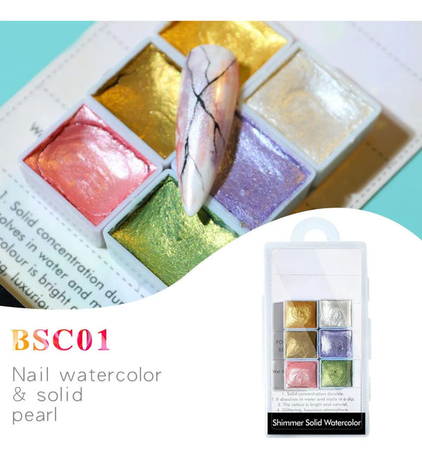 Shimmery Pearl Nail Art Watercolor Paint Set – 6 Metallic Shades