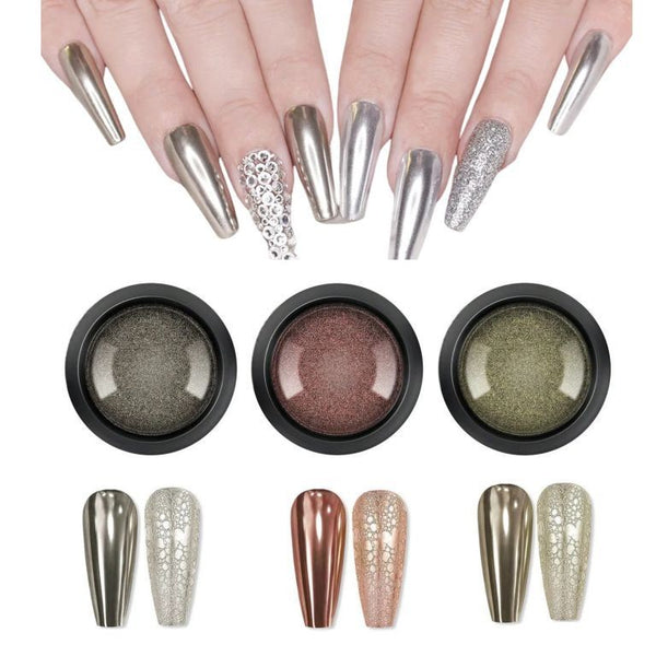 Metallic Chrome Nail Powder Set – 3D Holographic Mirror Effect Pigments in Dull gold , Silver & copper