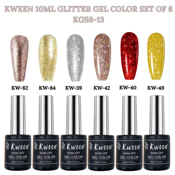 KWEEN Shiny Glitter Soak Off UV Gel Nail Polish Set of 6