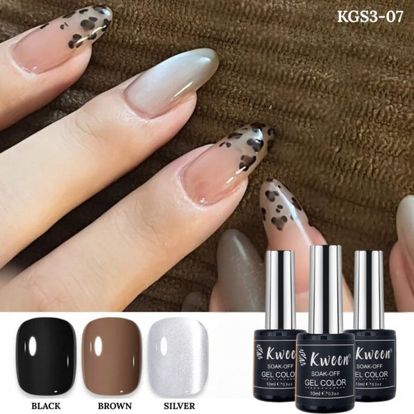 KWEEN 3pcs 10ml Silver Cateye with brown Black Soak off UV Nail Gel Polish Set