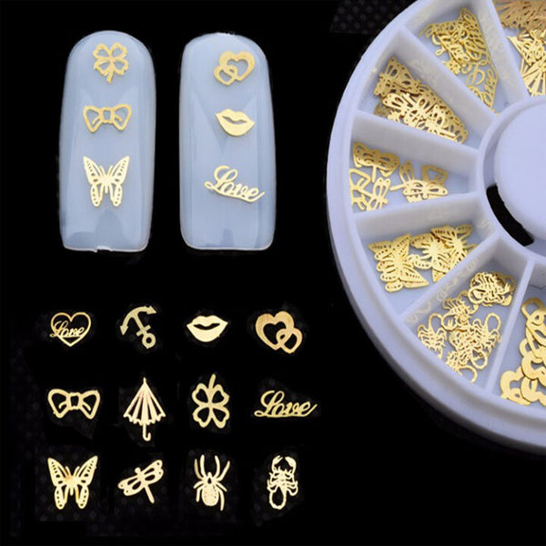 3D Gold Metal Nail Art Sticker Decoration Wheel Butterfly Lips Design Tiny Alloy Slice DIY Nail Accessories wheel