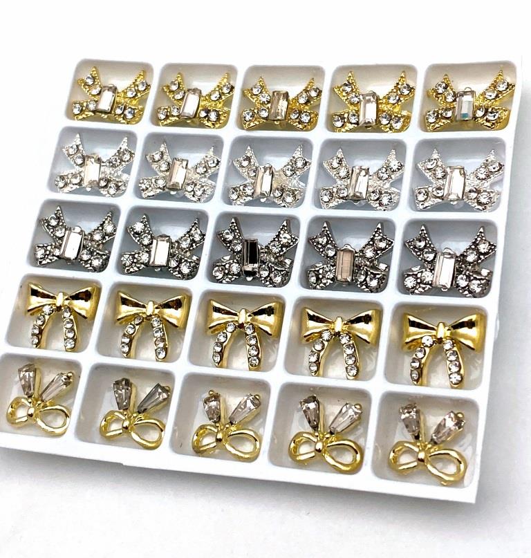 25PCS Alloy Nail Art Bow Charms 3D Gold Silver Metal Nail Decorations For Professionals Manicure Bowknot Accessories