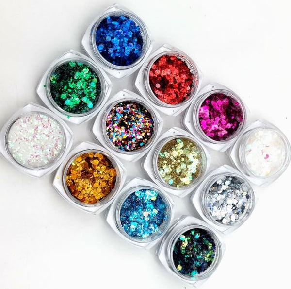 12 Colors Holographic Chunky Fine Glitter Powder Sequins Nail Art Decor Sparkles Flakes for Nail art, Slime, Body Face Hair Eye Cosmetic Festival Makeup