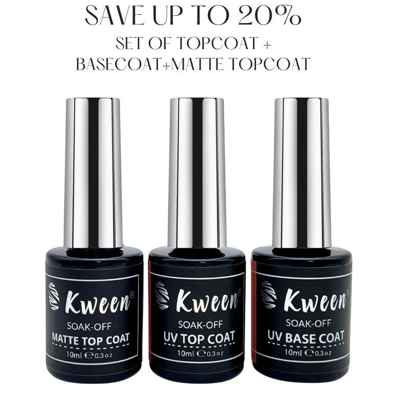 KWEEN Set Of 3 Base Coat ,Top Coat and Matte Topcoat 10ml Gel Nail Polish Transparent Soak Off functional Semi Permanent Gel Varnish For Nail Art