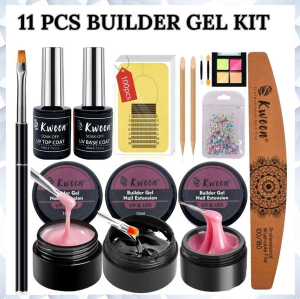 KWEEN 3 Basic Colors Builder Nail Gels 11 Pcs Nail Kit with Nail Decor & UV Base Gel, UV Topcoat, 100pcs Nail Forms Manicure Starter Kit for Home DIY