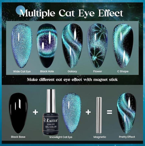 KWEEN 9D Cat Eye Gel Nail Polish, Chameleon Holographic Glitter Cat Eye Gel Polish UV LED Magnetic Gel Nail Polish Sparkly Home DIY Manicure Nail Salon Kit