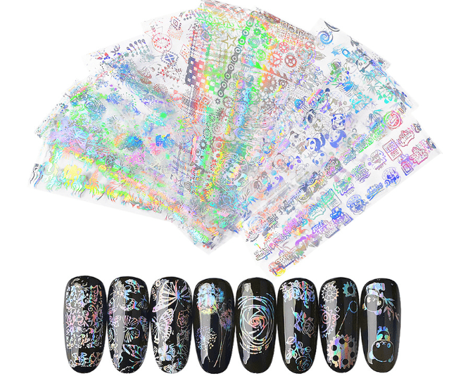 10pcs Geometric Nail Foils Dazzling Holographic Nail Art Sticker Laser DIY Decals Flower Shiny Design Transfer Paper Manicure Nail Art Decorations