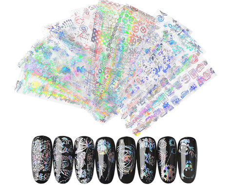 10pcs Geometric Nail Foils Dazzling Holographic Nail Art Sticker Laser DIY Decals Flower Shiny Design Transfer Paper Manicure Nail Art Decorations