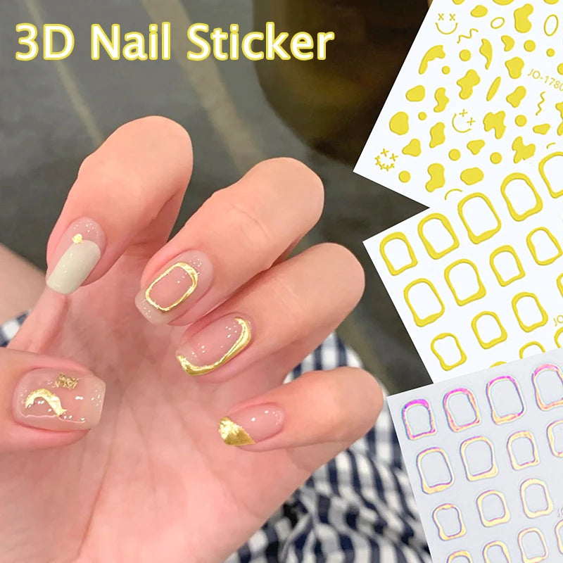 3D Gold Silver Laser Adhesive Sticker for Nails Irregular Pattern Frame Metal Color Nail Art Decals