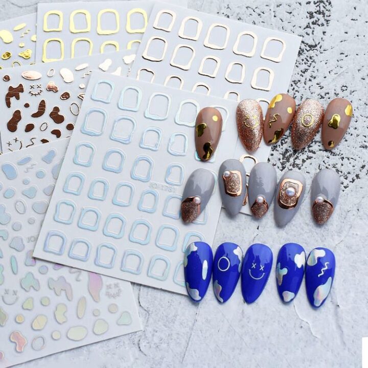 3D Gold Silver Laser Adhesive Sticker for Nails Irregular Pattern Frame Metal Color Nail Art Decals