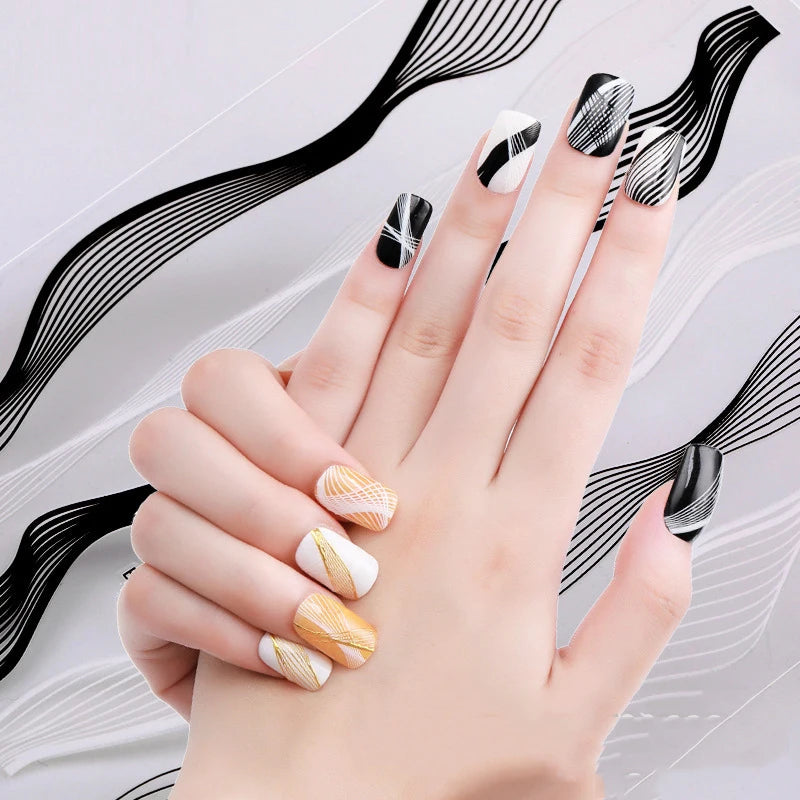 Pack of 2 Metallic Nail Stickers, 3D Self-Adhesive Black White Gold Silver Stripe Wave Line Nail Decals Curve Stripe Lines Adhesive Striping Tape Nail Art Design for Women Girls