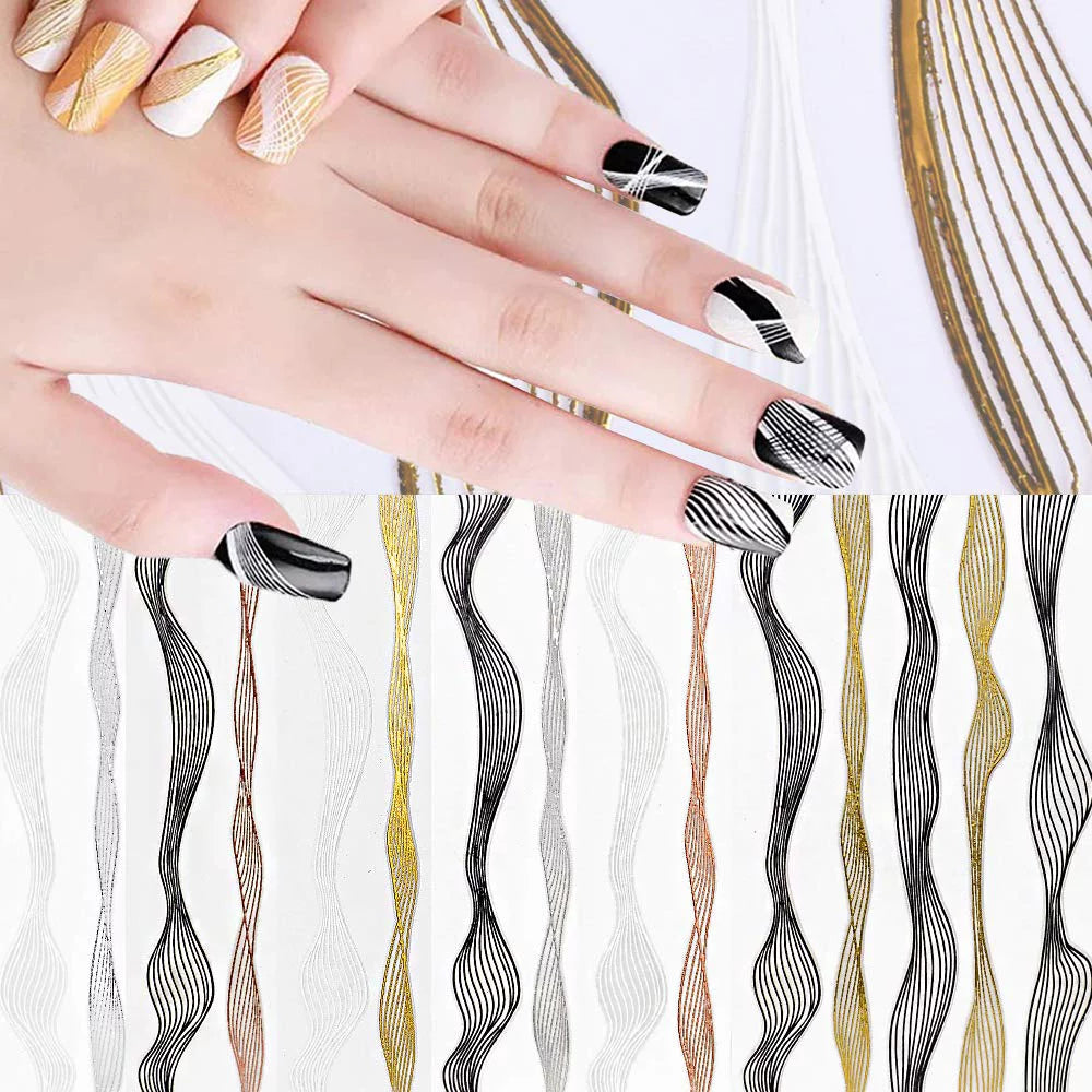 Pack of 2 Metallic Nail Stickers, 3D Self-Adhesive Black White Gold Silver Stripe Wave Line Nail Decals Curve Stripe Lines Adhesive Striping Tape Nail Art Design for Women Girls