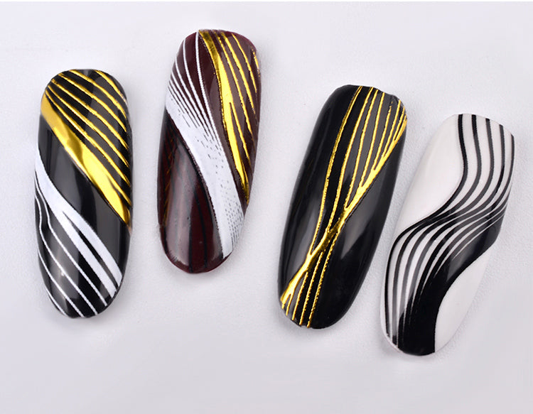 Pack of 2 Metallic Nail Stickers, 3D Self-Adhesive Black White Gold Silver Stripe Wave Line Nail Decals Curve Stripe Lines Adhesive Striping Tape Nail Art Design for Women Girls