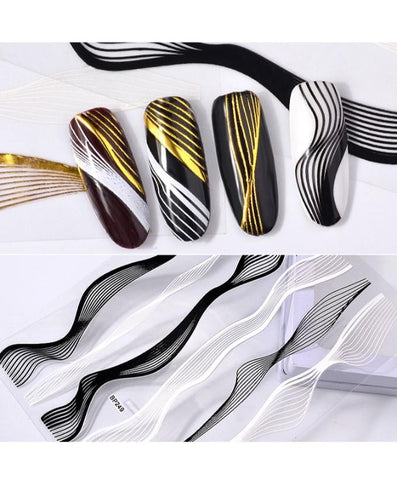 Pack of 2 Metallic Nail Stickers, 3D Self-Adhesive Black White Gold Silver Stripe Wave Line Nail Decals Curve Stripe Lines Adhesive Striping Tape Nail Art Design for Women Girls