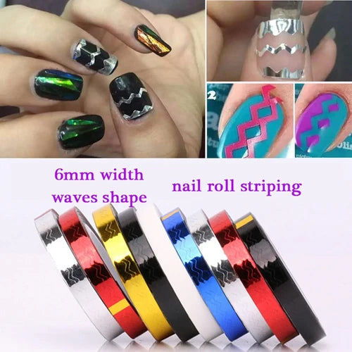 6 Roll Zigzag Striping Tape Metallic Yarn Wave Line Nail Art Tips 3D Nail Art Tools, Color Roll Nail Decals, DIY Manicure Tips Stickers Decorations