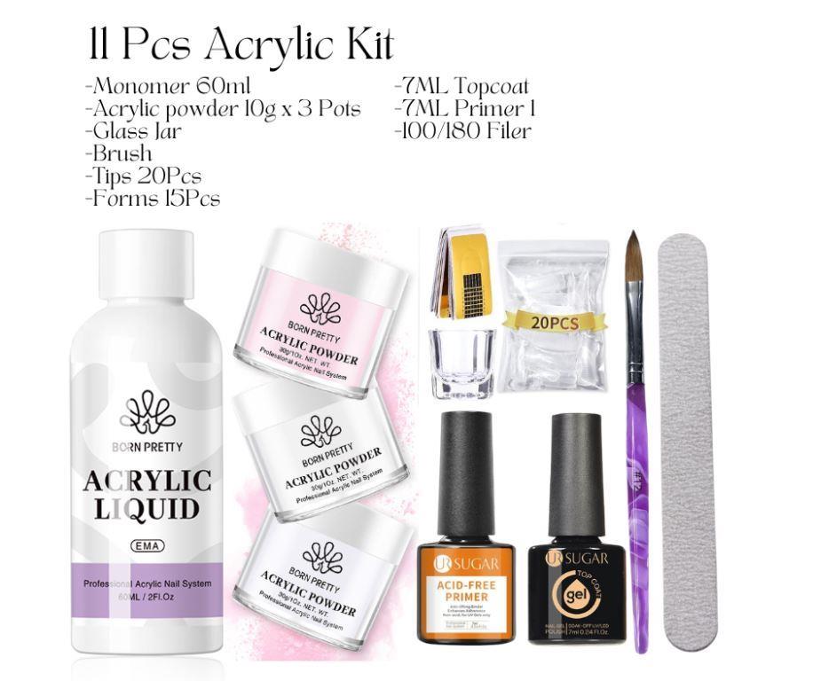 11 PCS Acrylic Nail Art Kit BORN PRETTY Top Coat Primer Acrylic Powder And Monomer Liquid  Clear White Pink Acrylic Powder -60ml Liquid ,Jar, Filer, Brush, Tips for Acrylic Nails Extension Manicure Cute Nail Art For Beginners