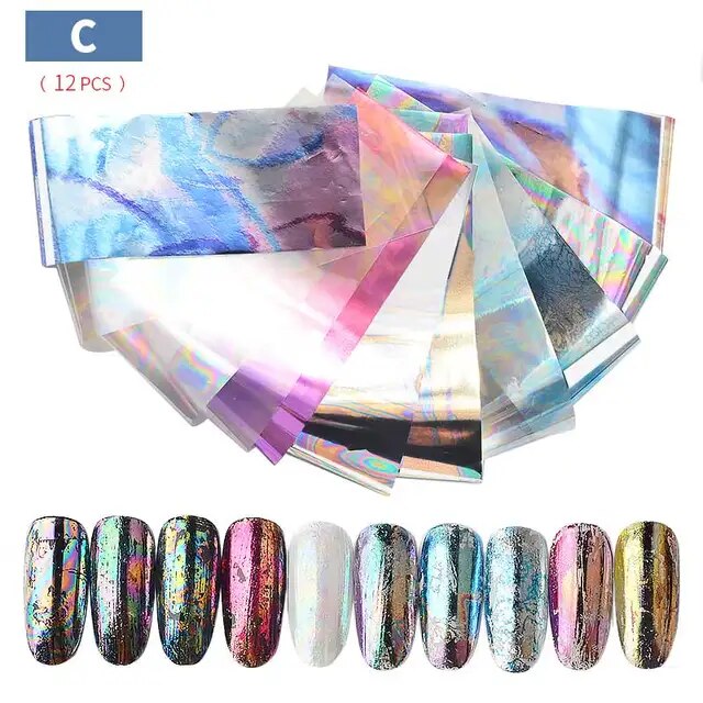 12 Pcs Mixed Laser Holographic Nail Art Foil Set Mixed Designs Transfer Sticker Nail Art Decals