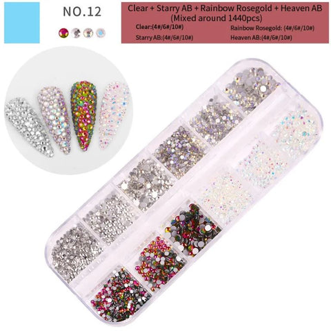 1 Box Mixed Sizes Crystal Nail Rhinestones Mixed Color Flat Back AB Crystal Strass 3D Gems for Manicure Nail Art Decorations