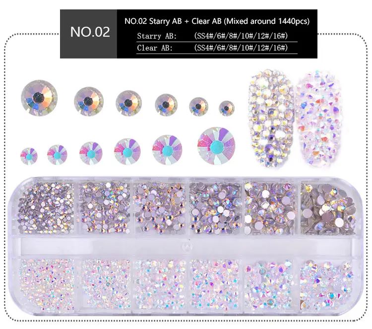 1 Box Mixed Sizes Crystal Nail Rhinestones Mixed Color Flat Back AB Crystal Strass 3D Gems for Manicure Nail Art Decorations