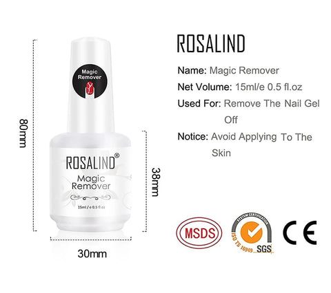 ROSALIND 15ml Nail Gel Polish Magic Remover For Manicure Fast Clean Within 2-3 MINS Gel Nail Polish Remover