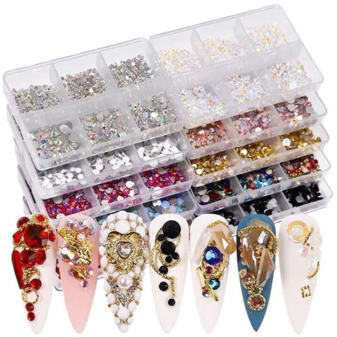 6 Grids Nail Art Decoration Rhinestones Set Round Flatback Diamonds Nail Charms for Nail Art