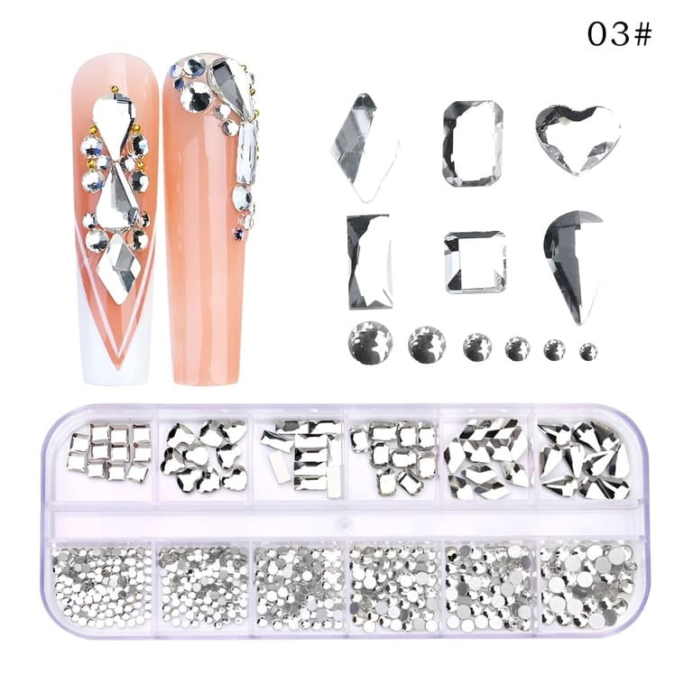 12 Grids Box Multi Size Multiple Shapes Nails Art Crystal AB Rhinestones Decorations Crafts Nail Art 3D Decorative For Nail Tips