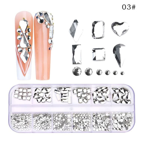 12 Grids Box Multi Size Multiple Shapes Nails Art Crystal AB Rhinestones Decorations Crafts Nail Art 3D Decorative For Nail Tips