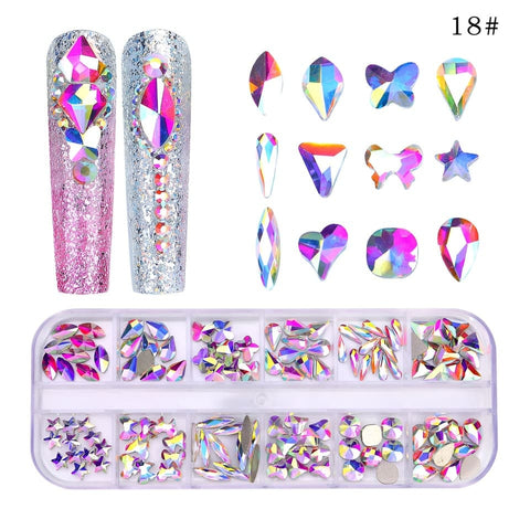 12 Grids Box Multi Size Multiple Shapes Nails Art Crystal AB Rhinestones Decorations Crafts Nail Art 3D Decorative For Nail Tips