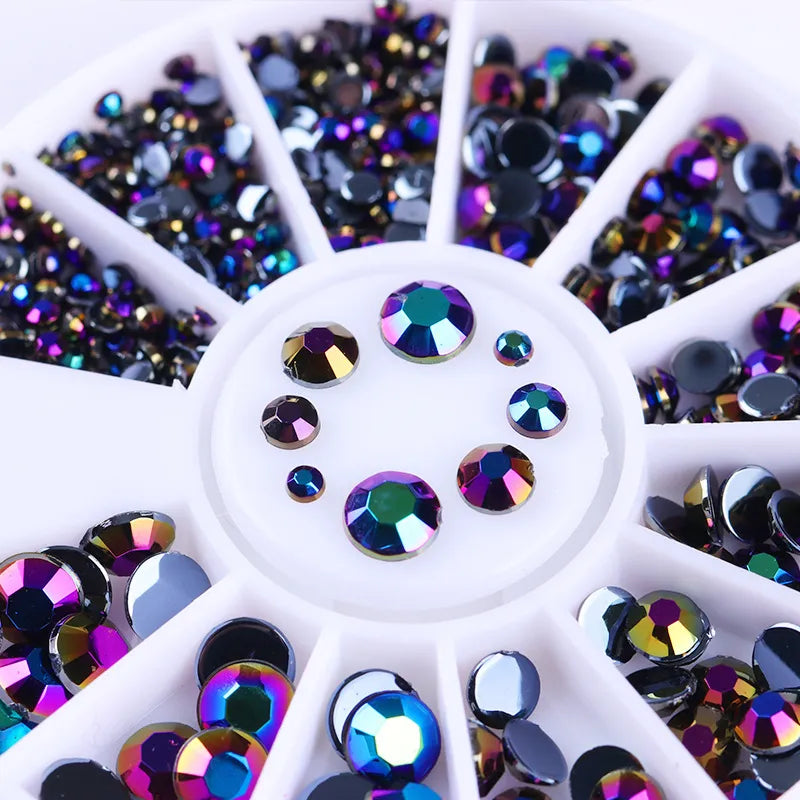 Nail Rhinestones Mixed Holographic Round Shaped Black Multi Decoration Wheel