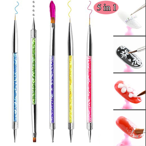 Nail Art Brushes, 5Pcs Double Ended Brush & Dotting Tool Kit, Including Nail Liner Brush and Nail Dotting Pens for Nail Art Nail Salon