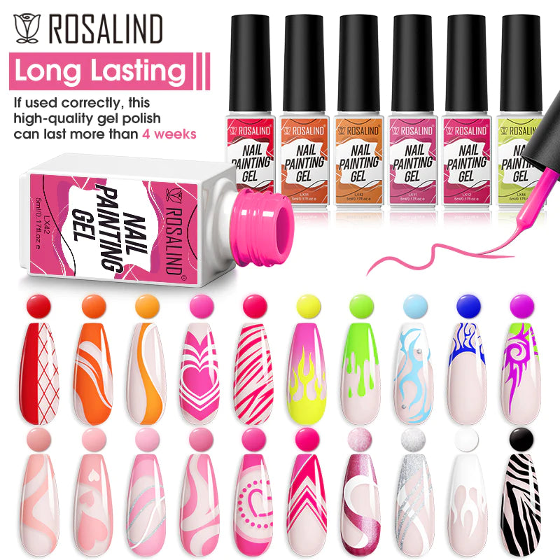 ROSALIND Nail Art Gel Liner Set, Gel Paint Gel Nail Art Liner Brush Soak Off Painting Drawing Gel Liner Pens for Home Salon DIY Manicure Nail Design UV LED Required