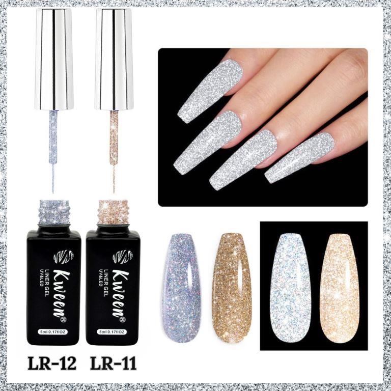 KWEEN Nail Art Liner Gel Polish Set 2 Colors Reflective Glitter Silver Gold Soak Off with Built-in Thin Brush for DIY Design, Home & Salon Manicure Kit