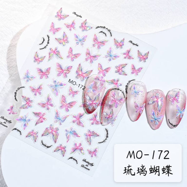 Aurora Pink Butterfly Nail Manicure Sticker Holographic Crystal Fairy Rose Color Self Adhesive Decals For Manicure