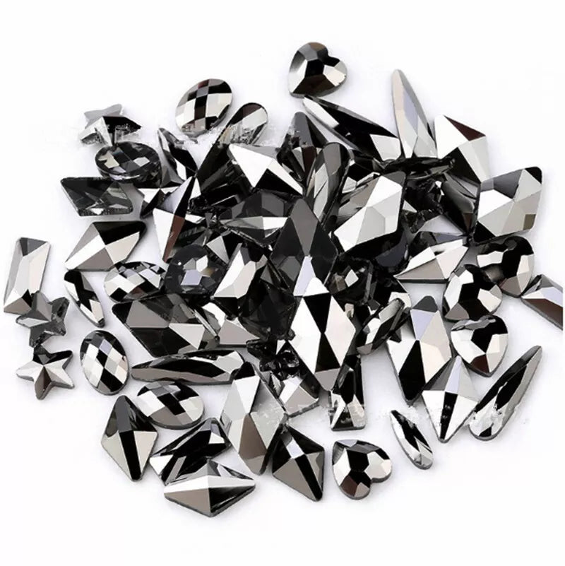 100Pcs Mine Silver Black Nail Rhinestones Multi Shapes Metallic Black Big Gems Nail Charms Flatback Rhinestones For Manicure