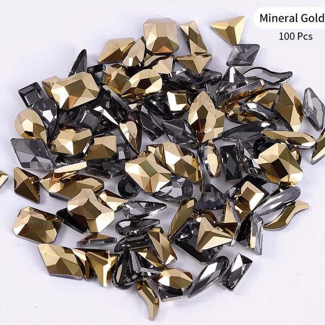 100Pcs Mine Gold Nail Rhinestones Metallic Golden Different Shapes Big Gems Flatback Rhinestones Diamonds Crystals For Manicure