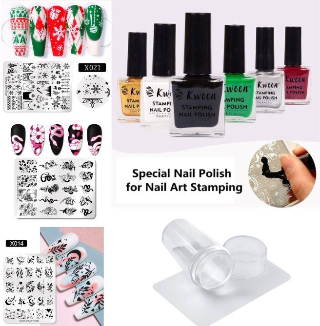 Nail Stamping Kit with 3 Rectangular Image Plates 6 Stamping color With Stamper And Scrapper Random Designs For Beginners.