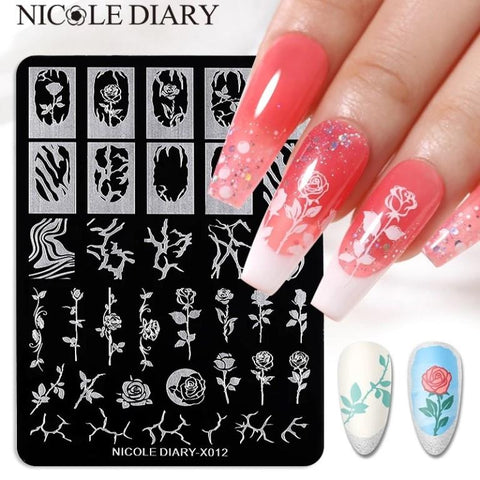 NICOLE DIARY Simple Flowers Nail Art Stamping Plate Geometry French Lines Templates Love Lace Stamp Nail Stencil Tool