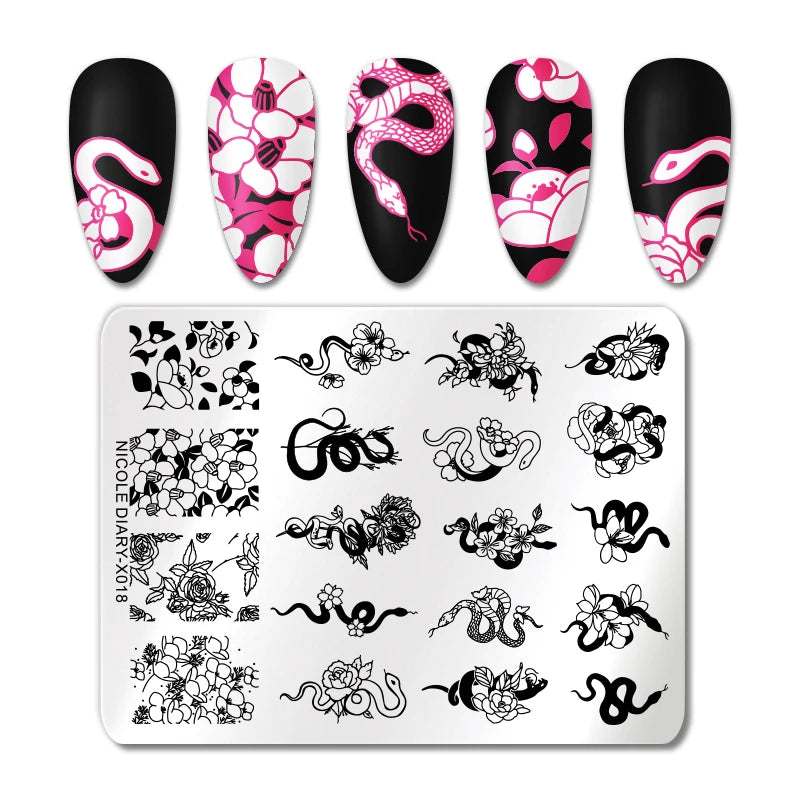 NICOLE DIARY Nail Art Stamping Plate Black Snake Line Drawing Template Animal Butterfly Flower Leaf Stamp Nail Mold Stencil Tool