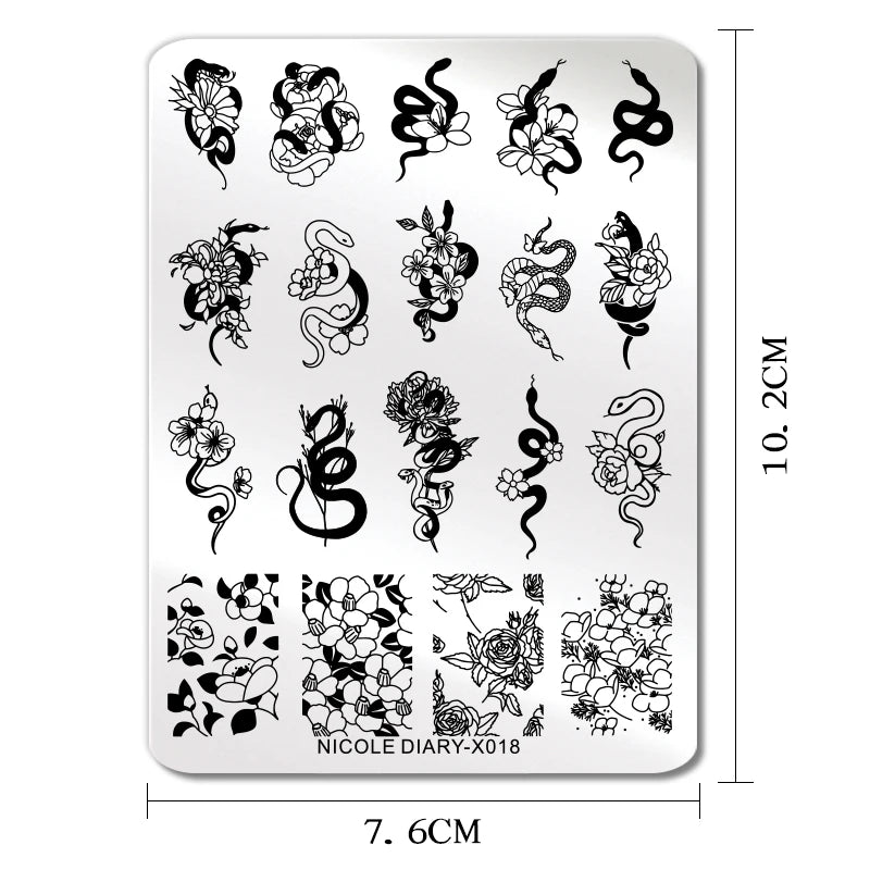 NICOLE DIARY Nail Art Stamping Plate Black Snake Line Drawing Template Animal Butterfly Flower Leaf Stamp Nail Mold Stencil Tool