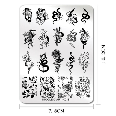 NICOLE DIARY Nail Art Stamping Plate Black Snake Line Drawing Template Animal Butterfly Flower Leaf Stamp Nail Mold Stencil Tool