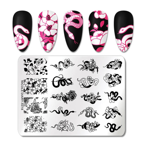 NICOLE DIARY Nail Art Stamping Plate Black Snake Line Drawing Template Animal Butterfly Flower Leaf Stamp Nail Mold Stencil Tool