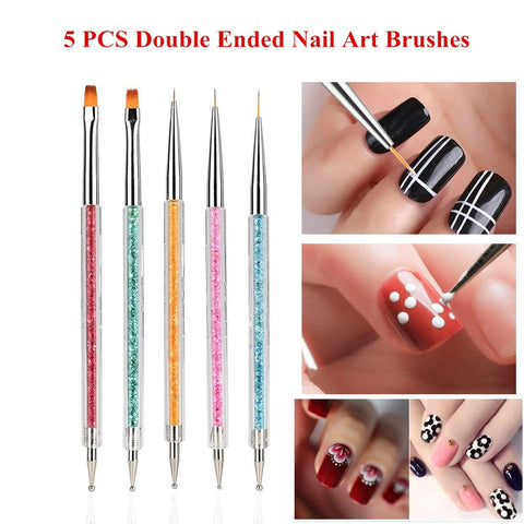 Nail Art Brushes, 5Pcs Double Ended Brush & Dotting Tool Kit, Including Nail Liner Brush and Nail Dotting Pens for Nail Art Nail Salon