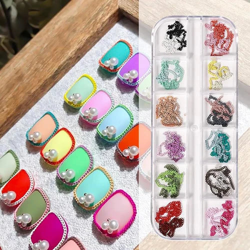 12 Grid Nail Art Chains For Nail Decoration Colorful Nail Chain Designs For Creating Beautiful Nails Best For Salon & Home Use.