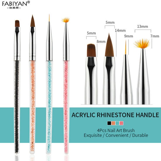 4pc Fancy Nail Art Brush Set With Acrylic Rhinestone Handle Professional Nail Art Brush Set For Salon & Home Use.