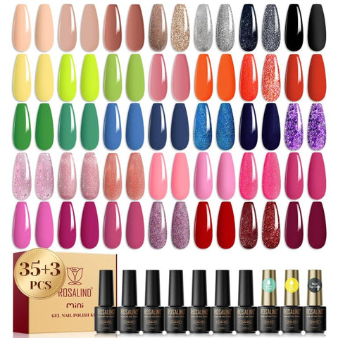 ROSALIND 38 Piece Gel Nail Polish Set, 35 Colors Gel Nail Polish Set With Base Coat And Gloss And Matte Gel Top Coat Gel Nail Polish Starter Set Pink Red Green Blue